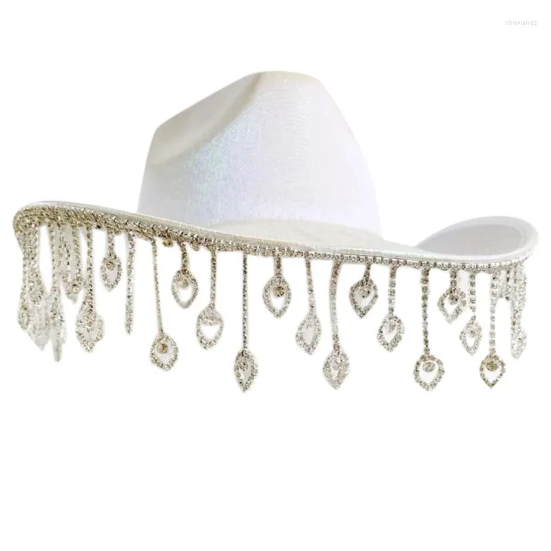 Berets oszałamiający kowboj kapelusz zachodnia cowgirl dla kobiet dziewczyna po rekwizyty lśniący Tassels Night Club Bar taniec