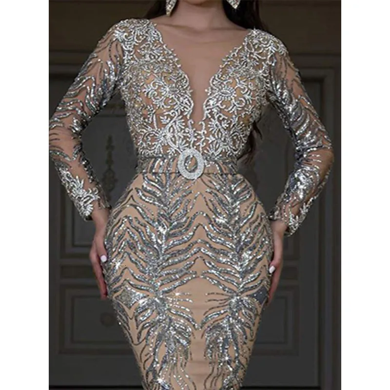 Sequin Fishtail Maxi Dress for Women - Elegant Deep V-Neck Bodycon Pearl Bridal Robe for Evening Club and Party (230414)