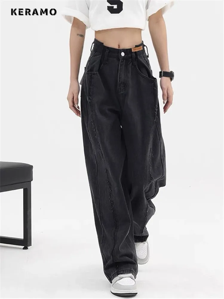 Damen Jeans Damen Baggy Long Jeans Harajuku Schwarze Hose mit weitem Bein Streetwear Vintage Hohe Taille Jeanshose Große Tasche Y2k Feamle 230413