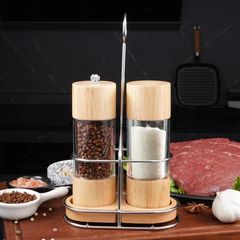 Mills Wooden Salt and Pepper Grinder Set With Shelf Manual Acrylic Visible Window Mill 6 Inches Shaker 231114