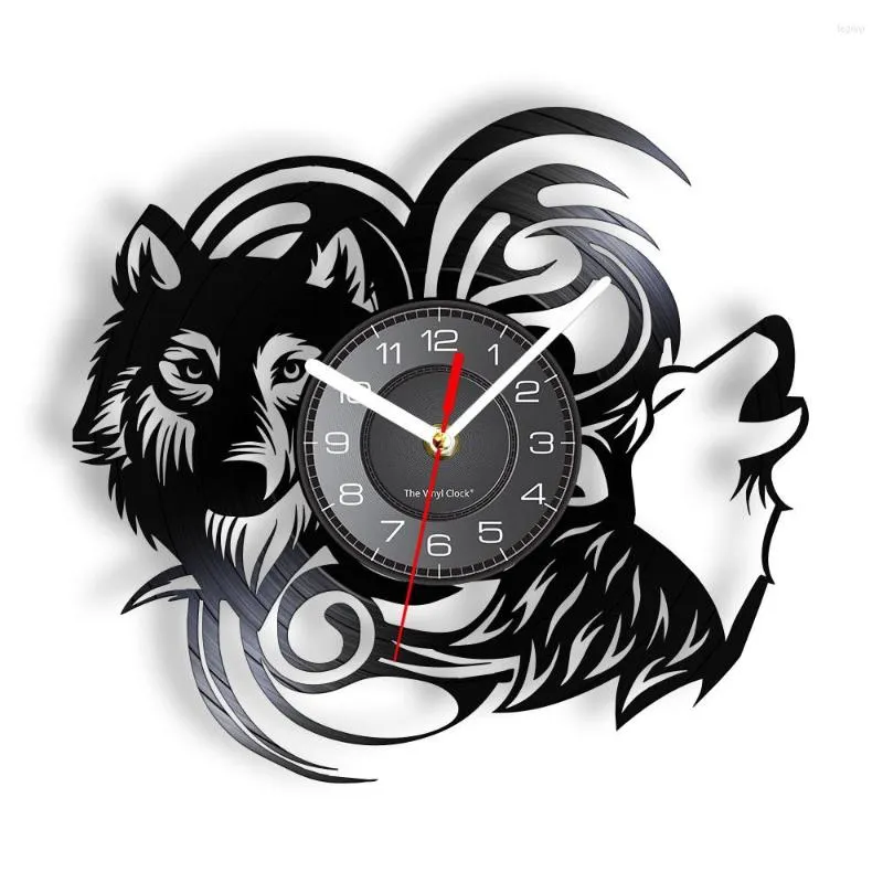 Horloges murales Loup Sauvage Animal LP Record Horloge Rétro Forêt Coyote Mammifère Décor À La Maison Hurlant Loups Ombre Art Montre Silencieuse