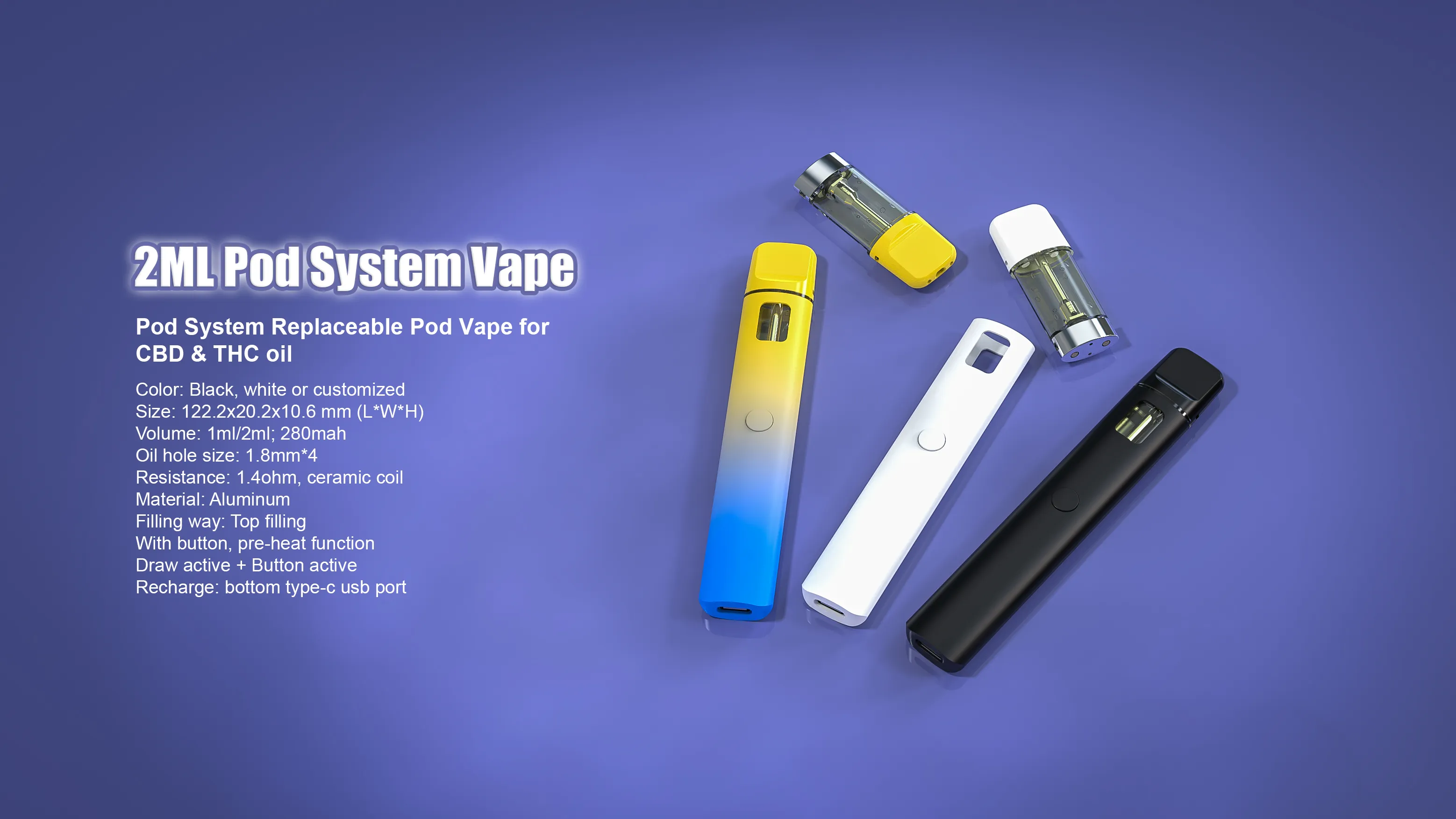 Caneta vape E cigarros 1ml 2ml sistema pod substituível cartucho de bobina cerâmica 280mah bateria recarregável