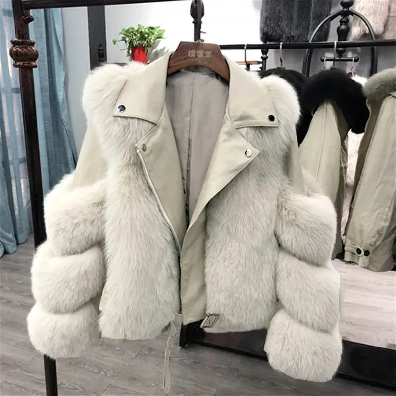 Manteaux de luxe en fausse fourrure pour femmes avec veste en cuir PU pour femmes vêtements d'extérieur de Moto courts 2023 hiver Moto vélo manteau chaud 231114