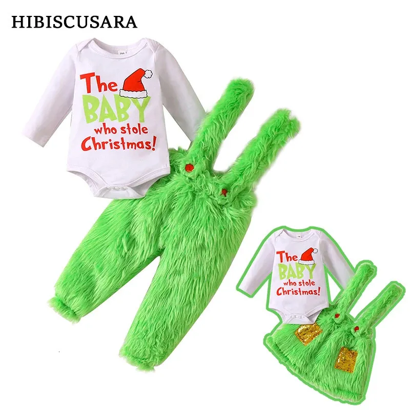 Комплекты одежды Рождественский наряд для маленьких девочек и мальчиков Зеленый флисовый монстр на подтяжках Брюки Юбка Костюм Санта-Клауса Пушистый забавный костюм для рождественской вечеринки 231114