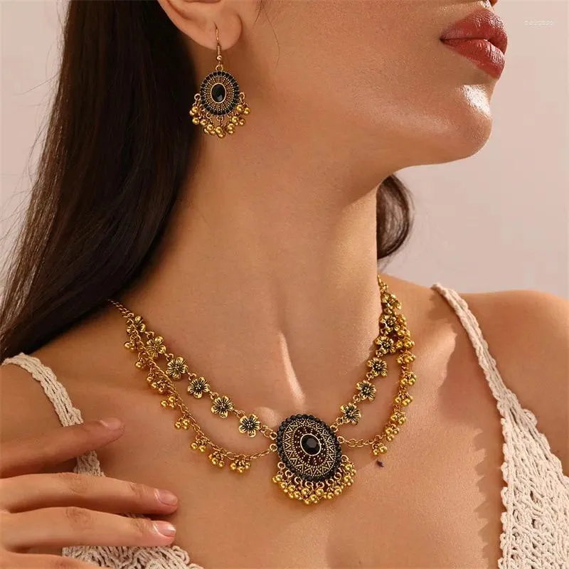 Collana Orecchini Set Colore oro Sposa Pendenti retrò Festa di fidanzamento Prom Accessori per costumi Bisuteria Mujeres