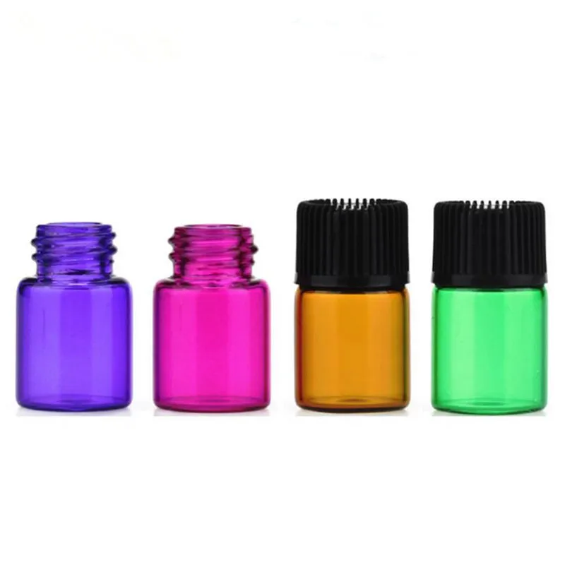 1000 pcs/lot 1 ml 2 ml Mini Amber Pink Glass Bottle met openingreducer en dop Kleine blauw paarse etherische olie -flesjes