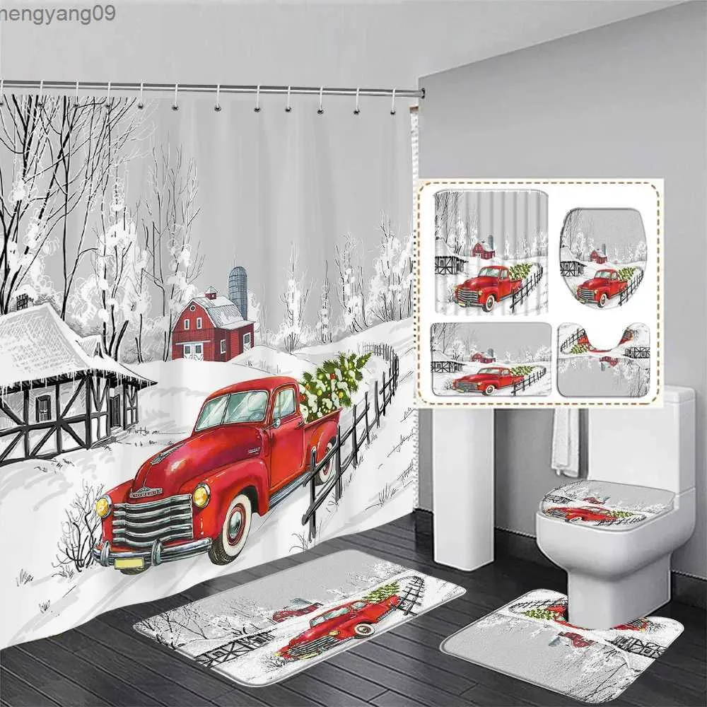 Douchegordijnen Rode Kerst Douchegordijn Set Groen Touw Bal Nieuwjaar Kerst Badkamer Decor Tapijt Badmat Wc Cover R231114