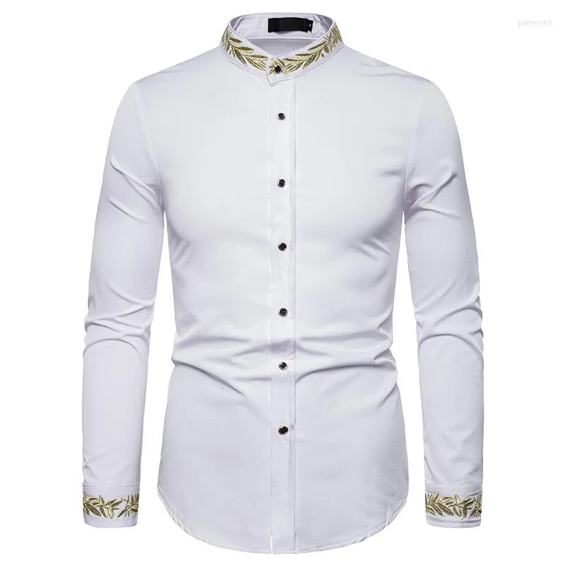 Casual shirts voor heren wit borduurwerk mandarijn kraag shirt heren 2023 merk lange mouw button up heren slank fit zakelijk mannelijk xxl