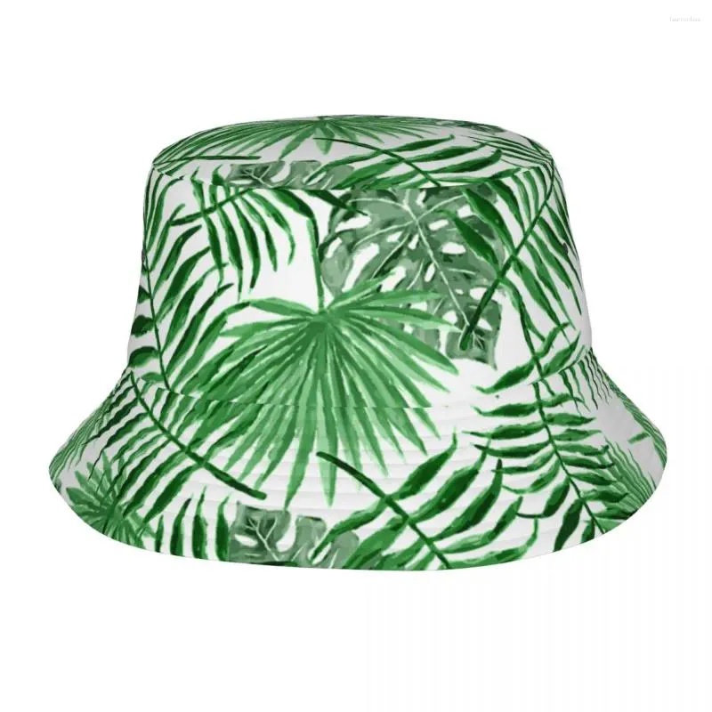 Berets Casual Tropical Summery Verde Havaiano Palmeira Floral Balde Chapéus Unissex Empacotável Caminhadas Pesca Cap Bob