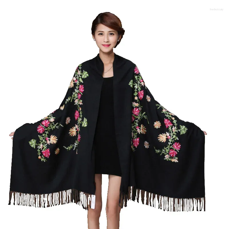 Szaliki czarny haft kwiat paszmina kaszmirowy szalik dla kobiet zima ciepłe frędzle szal moda