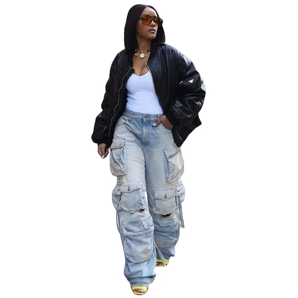Kvinnors jeans lastbyxor y2k vintage hög midja baggy byxor flera flikficka lösa denim byxor streetwear