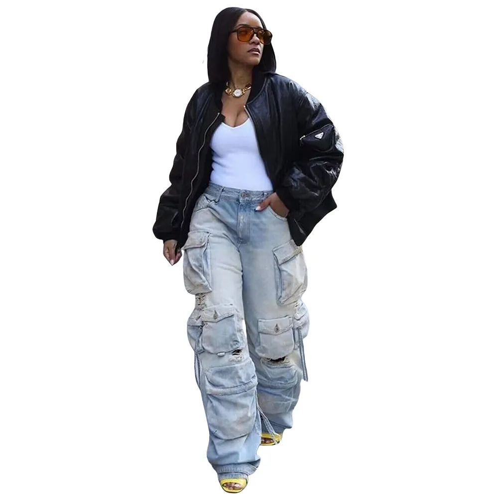 Women's Jeans Cargo Pants Y2K Vintage High Waist Baggy Trousers Multiple Flap Pocket Loose Denim Pants Streetwear