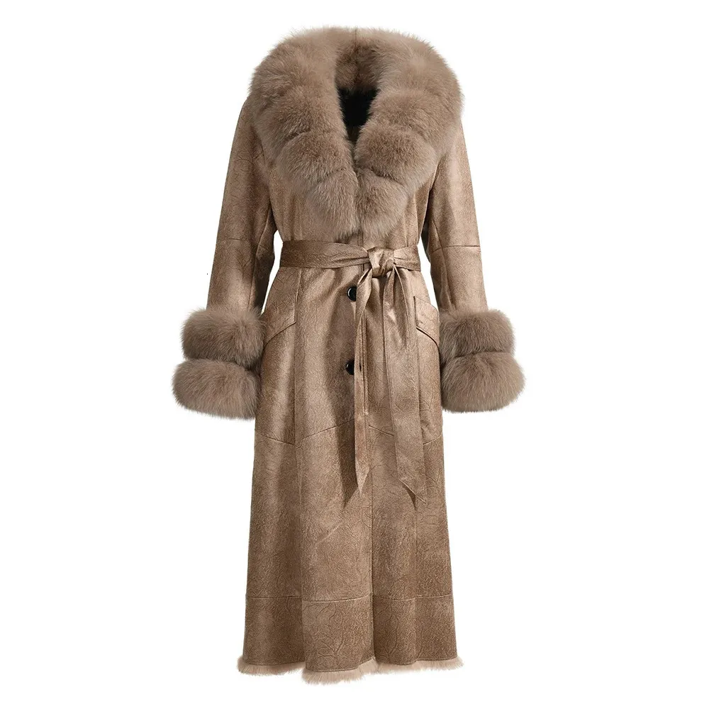 Women's Jacket Winter Sheep Leather Coat Long Style Luxury Real Fur Collar Natural Shearling Lining Trench Soft Warm 231114