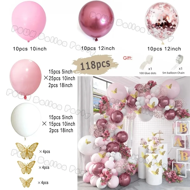 Kit d'arche de guirlande de ballon rose, 106pcs ballons blancs roses pour  fille Baby Shower, mariage, décorations d'anniversaire