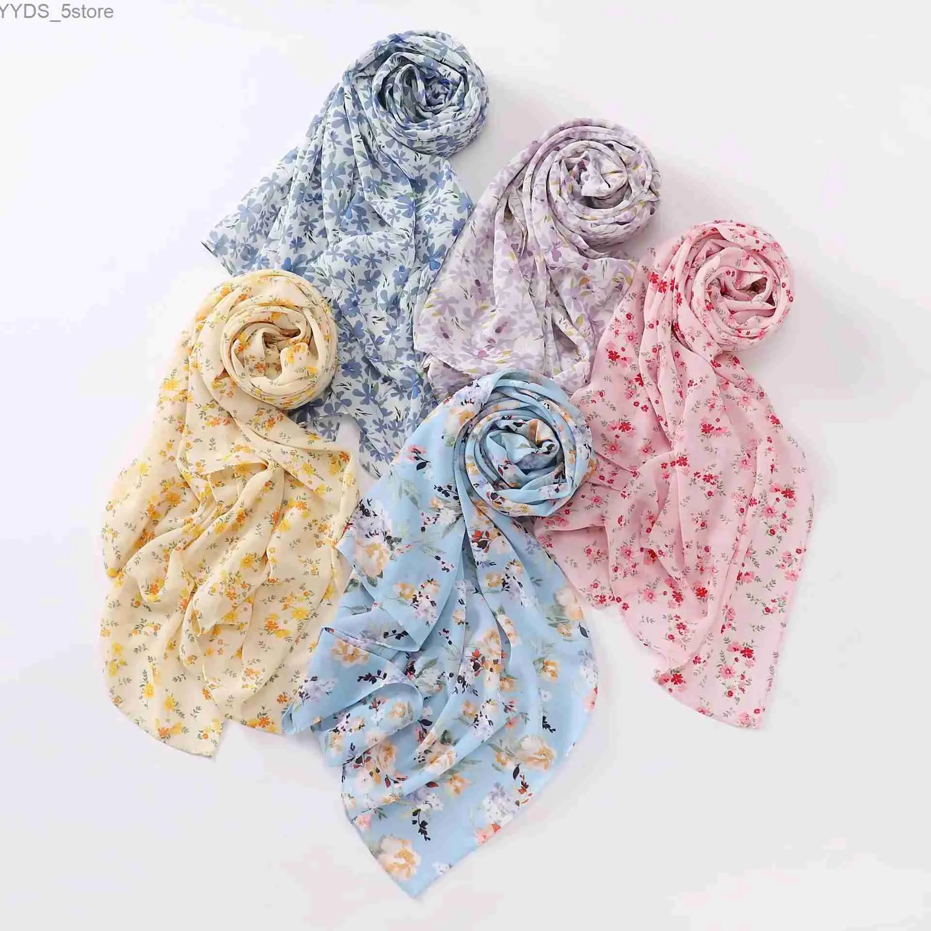 Foulards Vente chaude imprimé écharpe en mousseline de soie florale Hijab léger Long Shl femmes foulards musulmans populaire Turban Wrap170 * 70 cm YQ231114