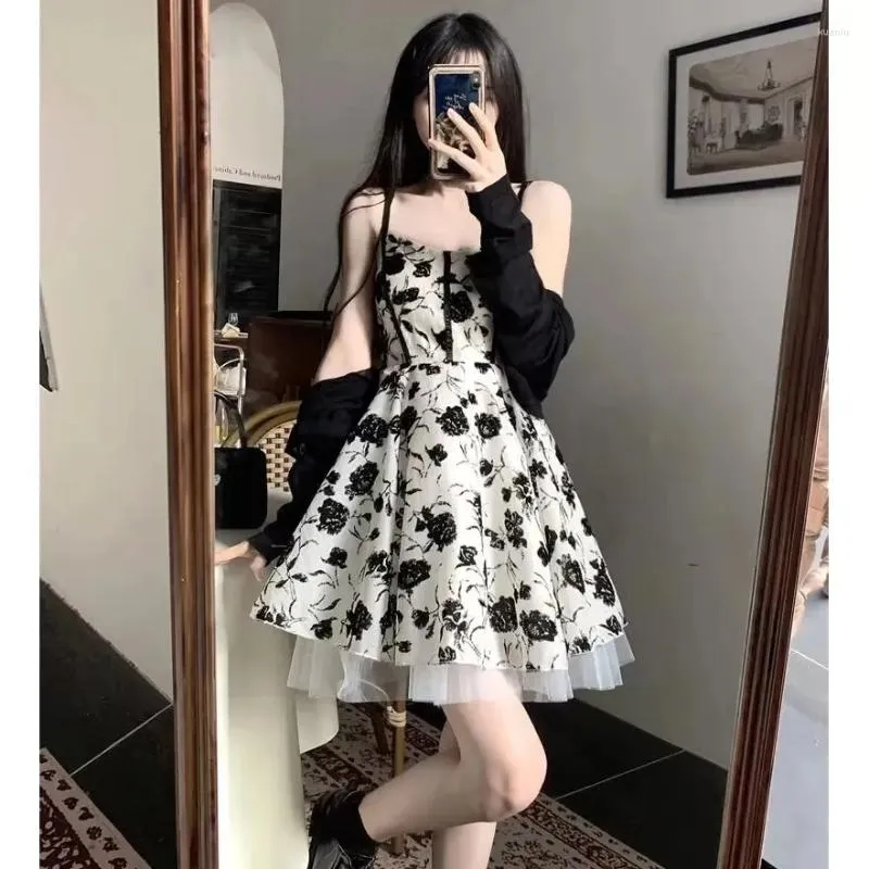 Casual Dresses 2023 SLPBELY Sweet Pure Desire Wind Floral Halter Dress Sunscreen Cardigan Set Women Waisted Short Puffy