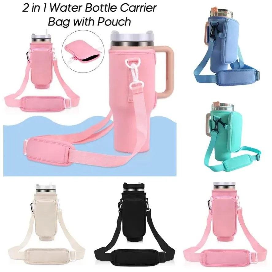 Неопреновая сумка для бутылки с водой 2 в 1 с мешочком, красочные сумки для стаканов на 40 унций с ремешком, рукавом для хранения, автомобильной сумкой, держателем B1114