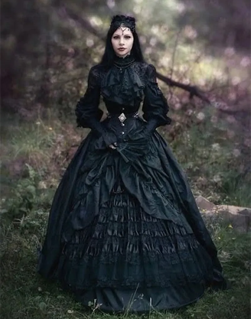 Vestido de noiva preto gótico vitoriano para bosques de colarinho de colarinho longo