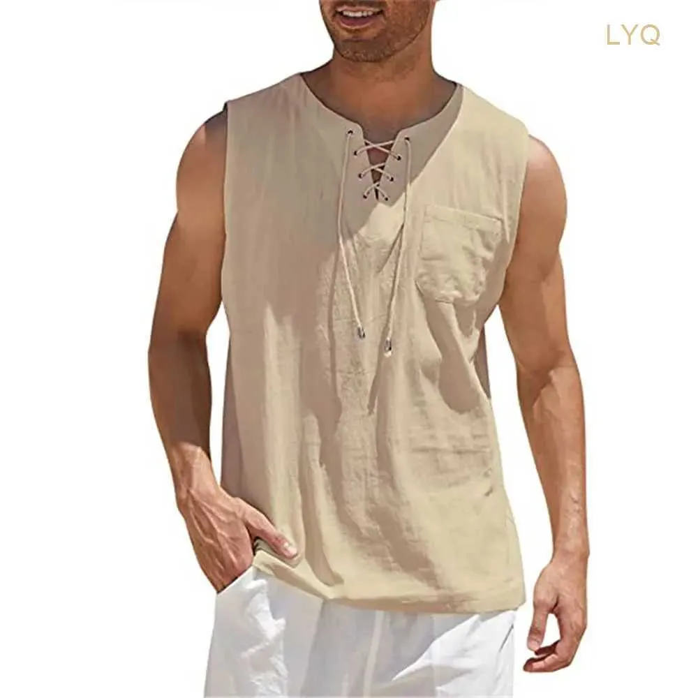 Herrtankstoppar Sommaren Summer Men Tank Top Cotton Linen Topps Fashion Solid Color Sleeveless Clothes Pet Casual Linen Vest