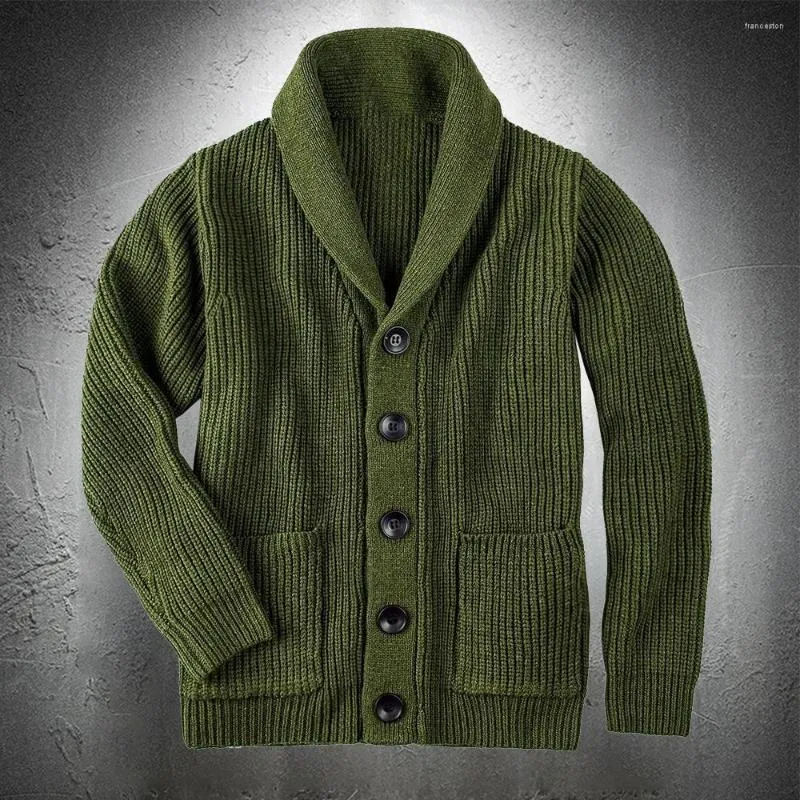 Men's Sweaters Army Green Cardigan Sweater Men Coat Extra Coarse Wool Thicken Warm Casual Fashion Clothing Button Up