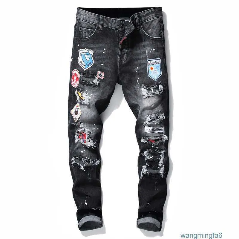 Herrdesigner New Fashion Biker Jeans Slim Fit Straight Motorcykel denim för manlig storlek 28-38 44NO