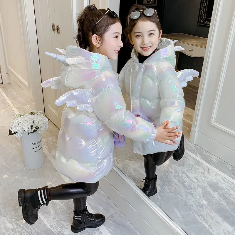 Down Coat 212 Year Toddler Girl Jacket Cute Unicorn Hooded Pearl Color Winter For Girls Long Waterproof Children Outwear 231113