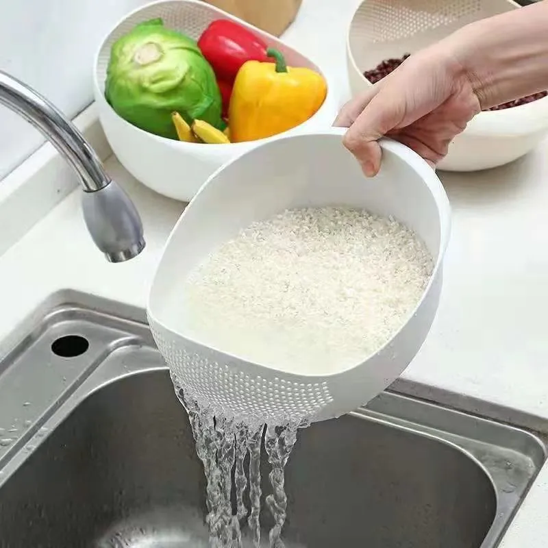 Fruktgrönsaksverktyg Ris sikt plast durkökning Kök dräneringskorg med handtag risskål silar korg diskbänk dränering köksverktyg 230414