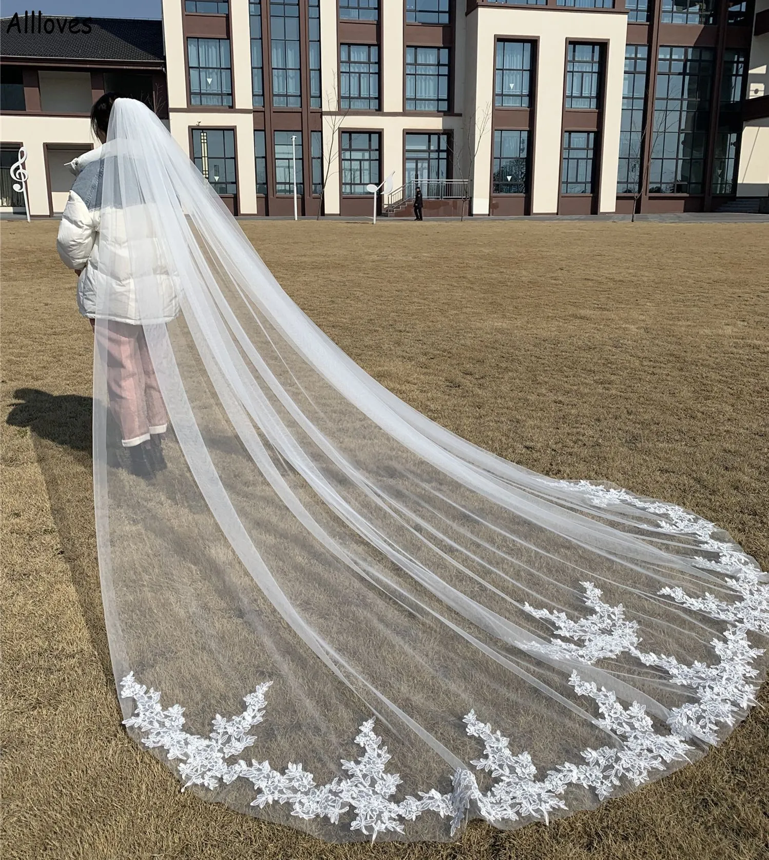 Модные белые кружевные кружевные шнурки для свадебных завесов для невесты с расческом элегантной однослойной длиной чан длиной 3 м/3,5 м/4 м/5 м.