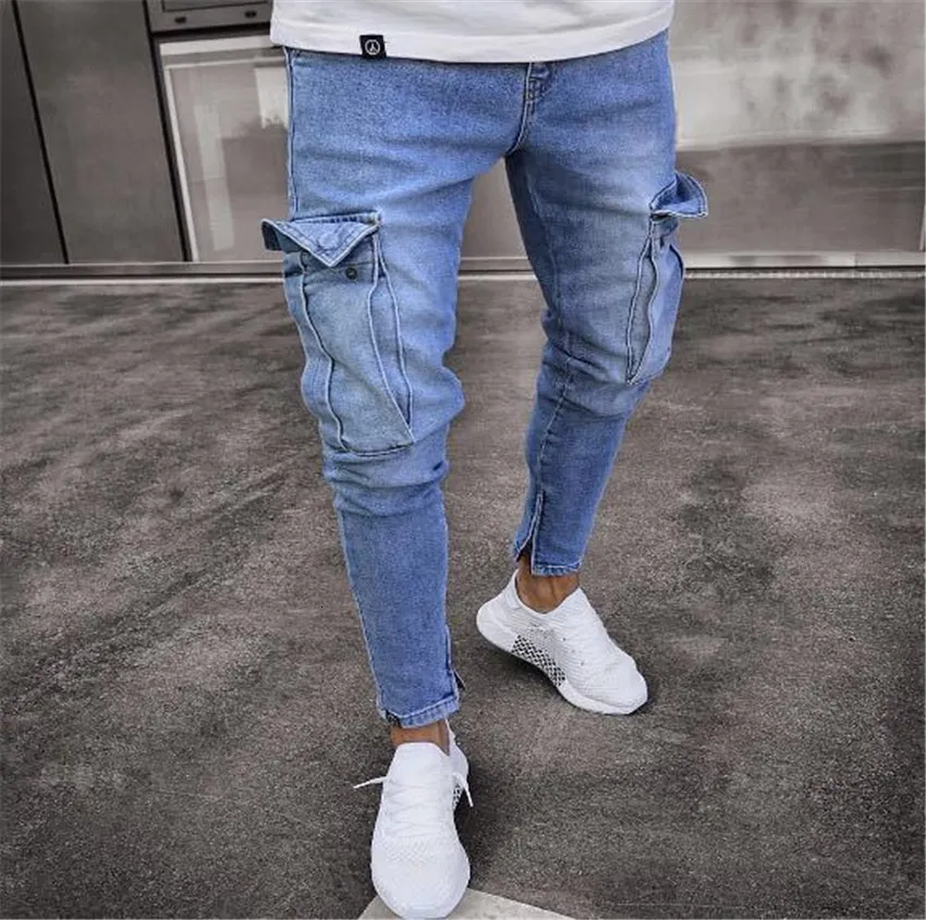 Herenbroek heren skinny jeans trend knie gat rits pocket denim biker jeans hiphop bedroefde slanke elastische jeans gewassen mannen kleding 230414