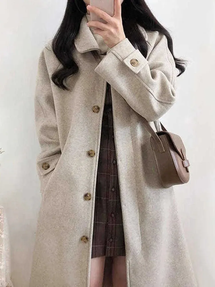 Wool wełna miesza jesienna zima długa płaszcz Koreańska faux wełniana kurtka Kobieta elegancka pojedyncza płaszcze płaszcze harajuku 231114