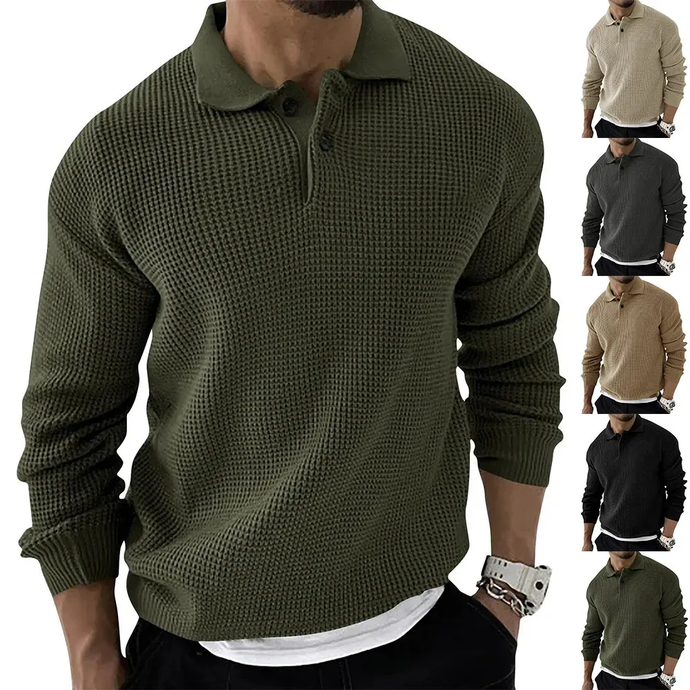Suéter masculino outono inverno suéter de malha polo camisas lapela cor sólida pulôver social streetwear casual negócios homens roupas 231113