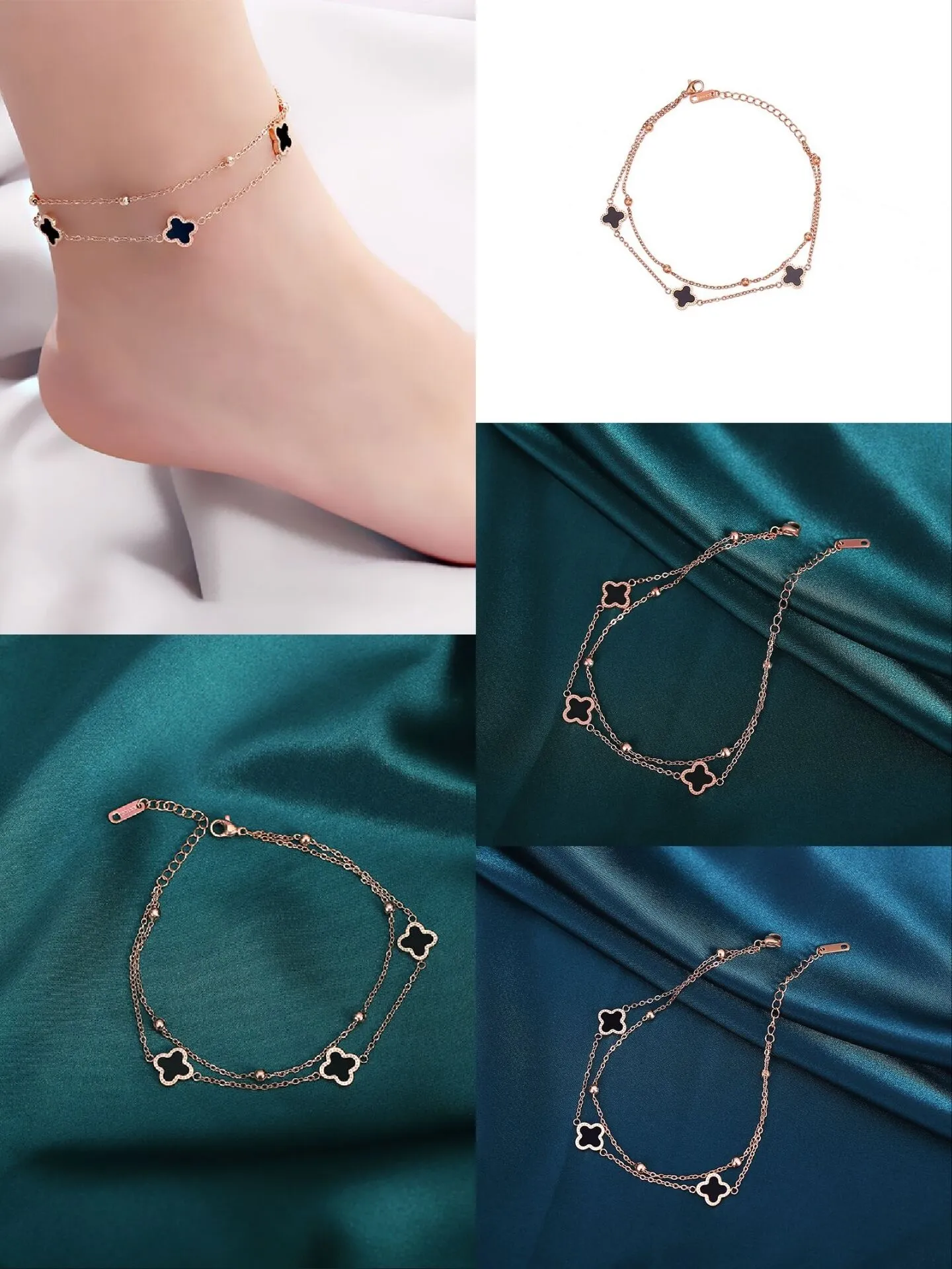 Fyra bladklöver dubbel anklets designer smycken 18k guldkedjor stål skåpbilar cleefity tunn fotkedja för arton mödrar dag chrismas party semester gåva