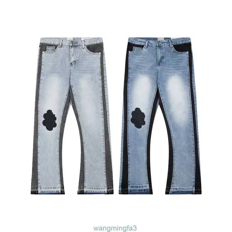Herren-Jeans, trendige High-Street-Modedesigner-Jeans, blaue Denim-Schlaghose, Jugend-Nietendruck-Patch, weiße Jeans-Stickerei, Jungen-Kecks, FHQG