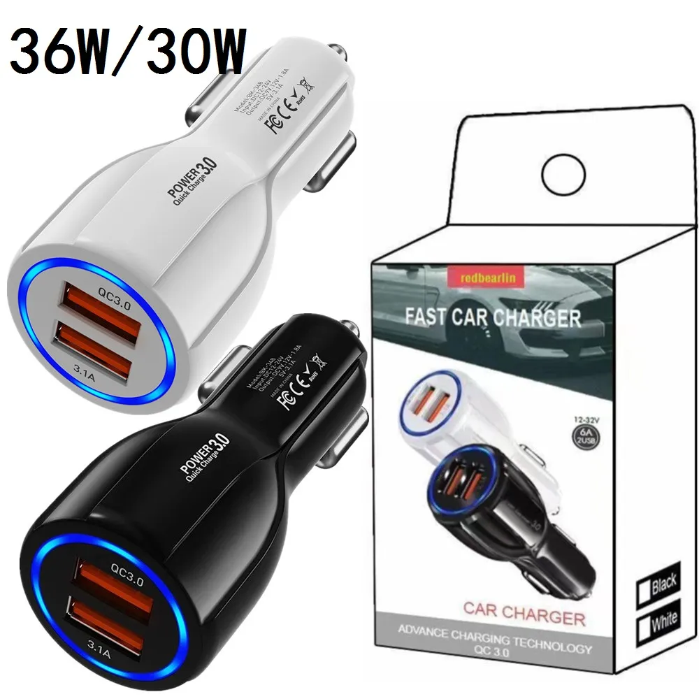 18W 30W 3.1A Fast Quick Charge car charger Dual USB Port Auto Power Adapter For IPhone 11 12 13 14 Pro max LG Android phone gps pc with Retail Box