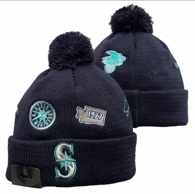 Mariners Beanie Seattle Beanies Toutes les 32 équipes tricotées à revers Pom Casquettes de baseball Chapeaux de baseball rayés en laine chaude USA College Sport Chapeaux en tricot Casquette pour femmes a1