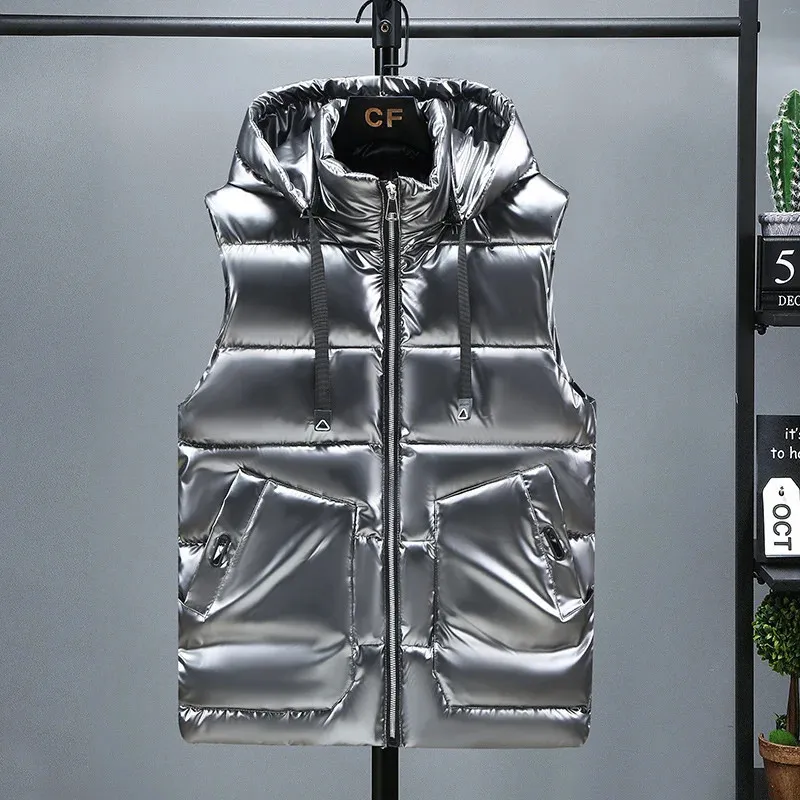 Men's Vests #3623 Black Grey Casual Waistcoat With Hooded Autumn Winter Shiny Surface Mens Warm Vest Bodywarmer_voghion.com