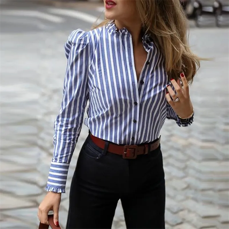 Women's Blouses Shirts Women Long Sleeve Striped Puffed Sleeve Frill Hem Casual Blouse Elegant Ladies Workwear Shirt Top Blusas Mujer 230414