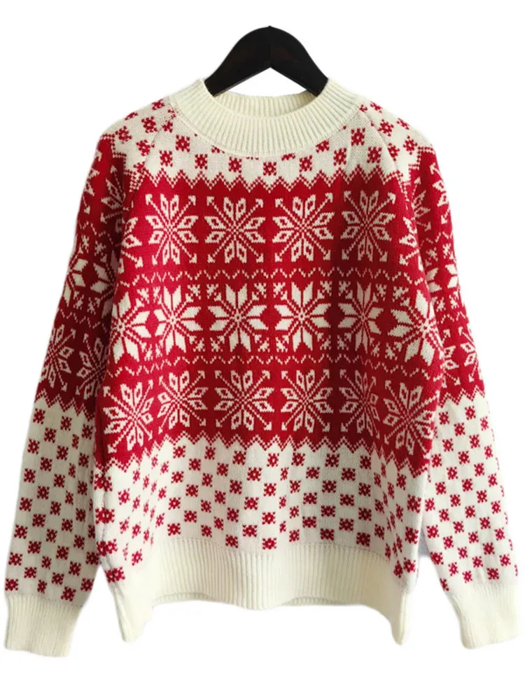 Suéteres de mujer Otoño Invierno de manga larga de punto O cuello copos de nieve suéter de Navidad mujeres 2023 moda casual puente señoras jersey ropa 231113