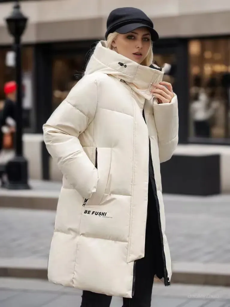 Women Down Parkas zima długa bawełniana kurtka Koreańska moda solidna ciepła z kapturem zamek błyskawiczny luźne luźne śnieg