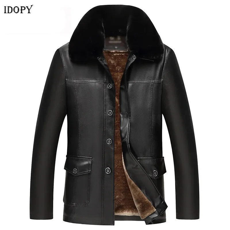 Men's Jackets Idopy Men's Winter Faux Leather Jacket Fleece Lined Plus Size M4XL Warm Thicken Long Casual PU and Coat Fur Collar 231113