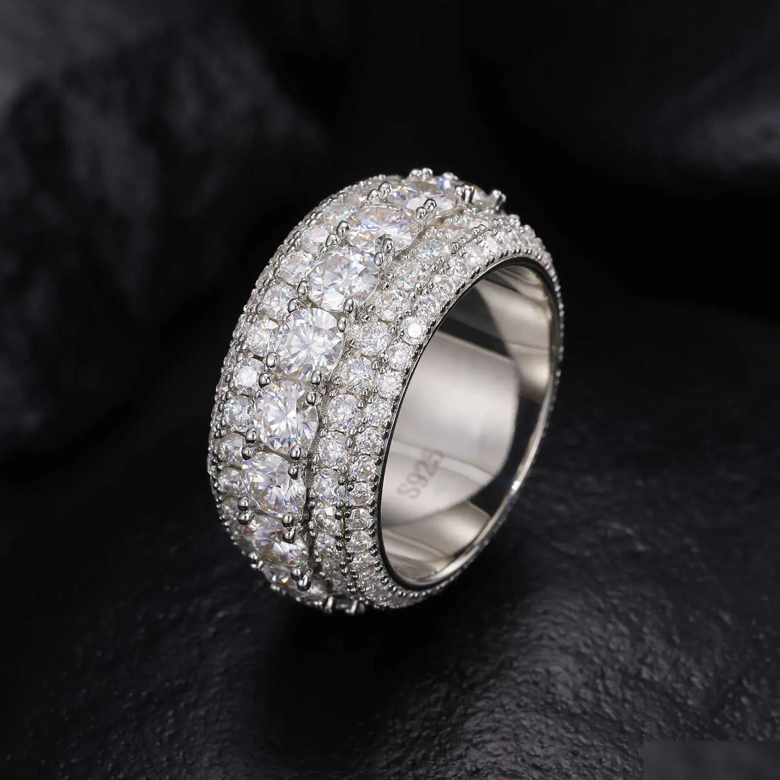 Bandringe Luxus 5 Reihen Moissanit Ring Pass Diamant Tester 925 Sterling Silber Glänzend Modeschmuck Ringe Männer Drop Lieferung Schmuck R Dhwce