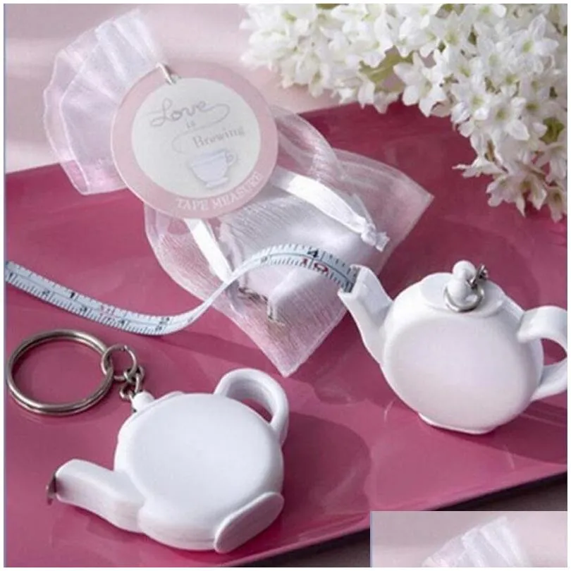 Party Favor Love Is Brewing Teapot Plastic Measuring Tape Keychain Portable Mini Key Chain Christmas Gift Favors Za1221 Drop Dhl65