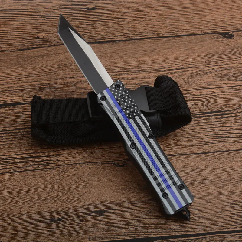 New Blue Flag Handle A161 AUTO Tactical Knife 440C Two-tone Tanto Point Blade Zn-al alloy Handle EDC Knives With Nylon Bag