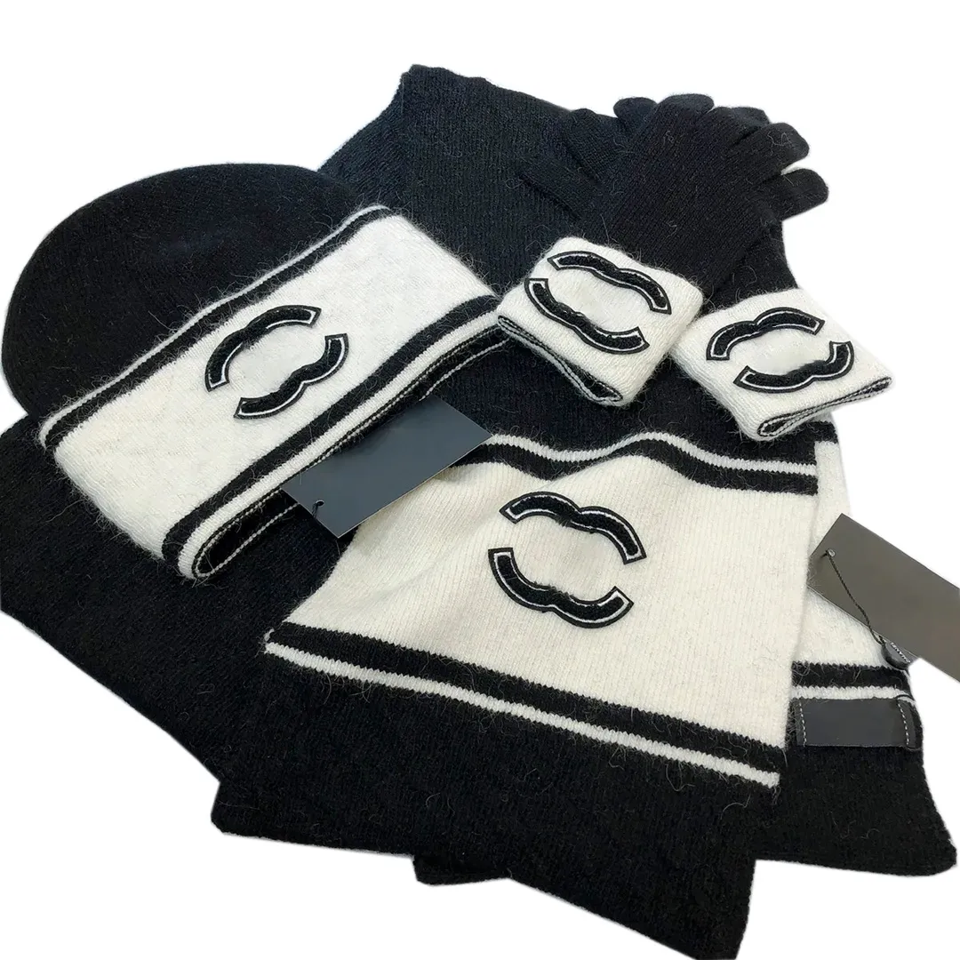 Hats Scarves Gloves Sets High quality wool trend hat scarf set top luxury hats men women fashions channellace-up designer cashmere scarfs gloves suitable for winter