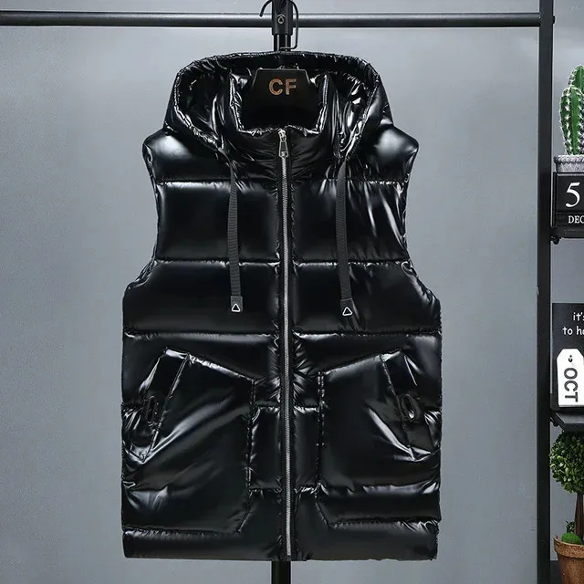 Men's Vests #3623 Black Grey Casual Waistcoat With Hooded Autumn Winter Shiny Surface Mens Warm Vest Bodywarmer_voghion.com
