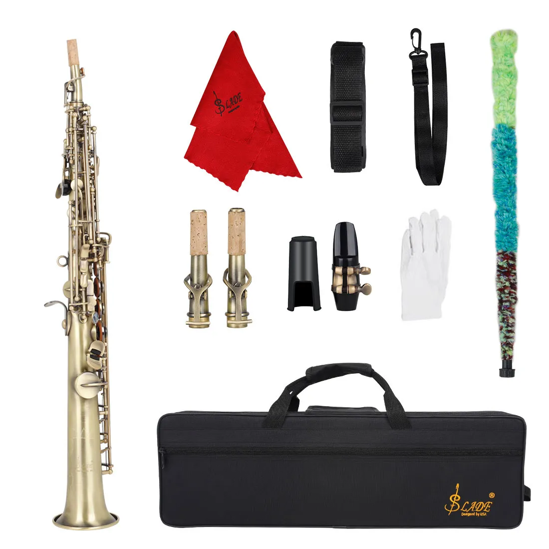 Saxophone Soprano, saxophone droit, coque d'ormeau, clés, instruments en boîte en tissu