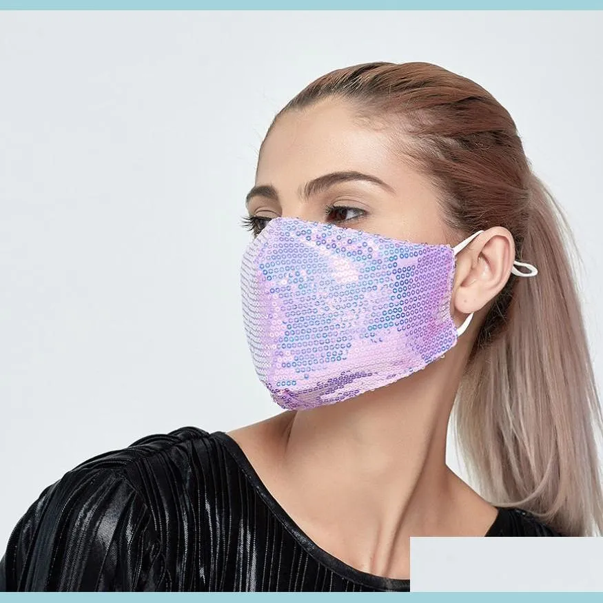 Designer-Masken Glänzende Farbe Pailletten Gesichtsmaske Waschbar Wiederverwendung Pm2.5 Mund Er Baumwolle Schützende Elastische Ohrschlaufe Umweltverschmutzungstropfen Del Dhzyi