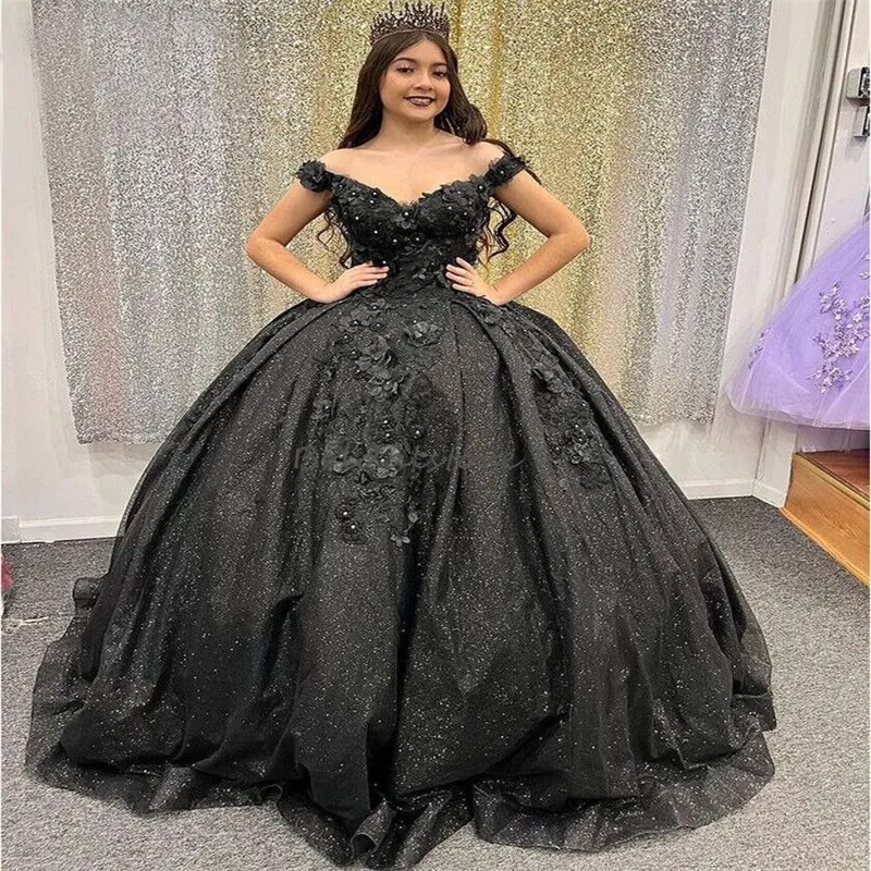 Glitter Mexican Black Quinceanera Dresses Charro 2024 Elegant 3D Flowers Beaded Vestidos De Xv 15 Anos Halloween Costume Prom Photoshoot Horse Sixteen Birthday