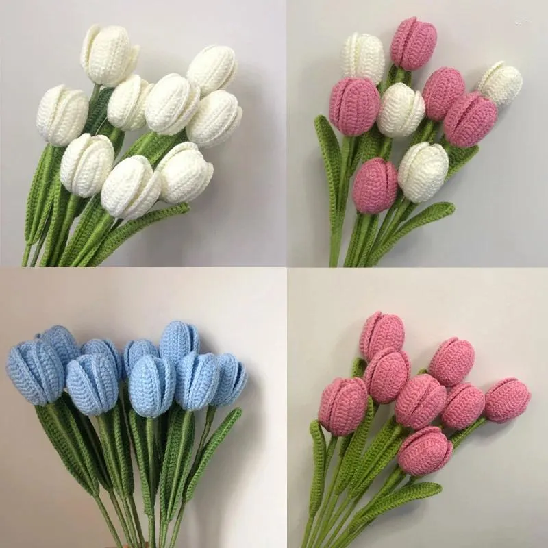 Dekorative Blumen, handgewebte Tulpe, Häkelblume, DIY handgestrickter Blumenstrauß, Hochzeitsdekoration, Valentinstagsgeschenk für Verliebte, Muttertag