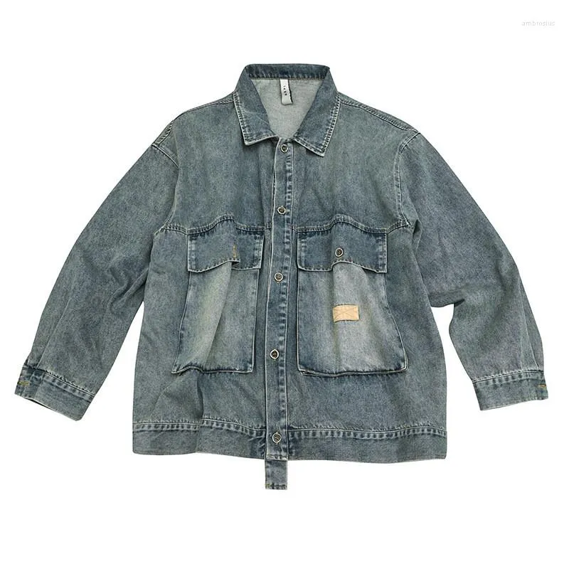 Herrenjacken Herren gewaschene Vintage Jeansjacke Retro Cargo Denim Mantel mit großen Taschen übergroße Hip Hop Oberbekleidung für Herren